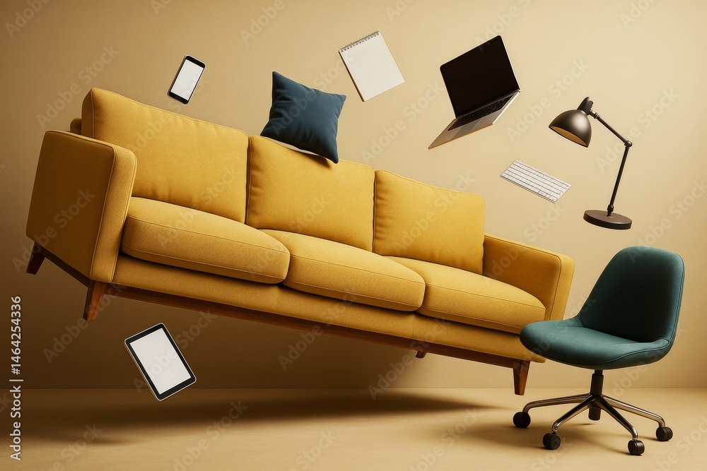 Poster office furniture and gadgets floating in mid-air against beige background, symbolizing abstract busi