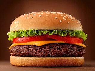 Mouthwatering burger stacked with crispy lettuce ripe tomato and melted cheddar cheese on a toasted sesame seed bun showcasing culinary artistry and delicious comfort food appeal