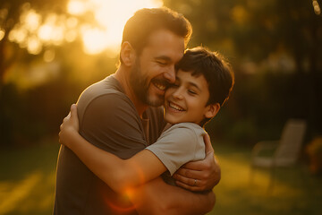 Father and son hugging in garden happy family love parent child care