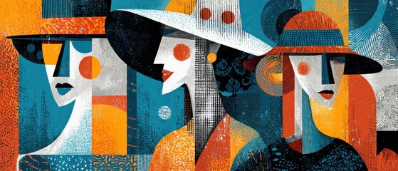 Three abstract women wearing hats in a colorful geometric art deco style illustration, evoking vintage fashion and modern artistic expression