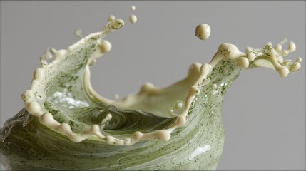 Motion and stillness combined: matcha splash mid-air, vibrant green against pure white, with poetic curves and elegance