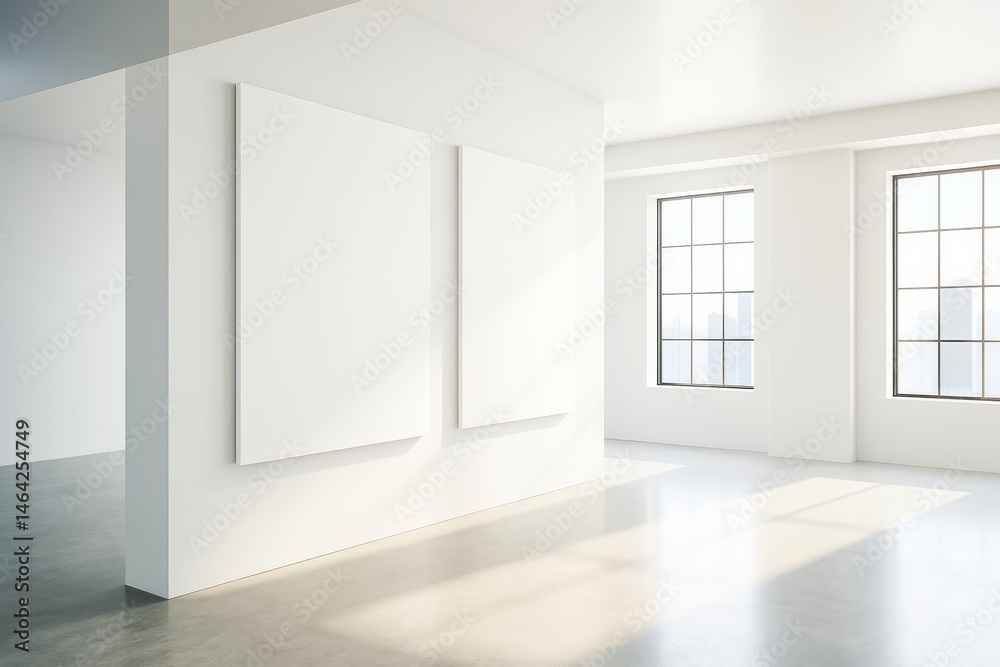 Poster two blank vertical posters on a white gallery wall with sunlight streaming through large windows in 