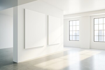 Obraz premium Two blank vertical posters on a white gallery wall with sunlight streaming through large windows in a clean, modern exhibition space interior.