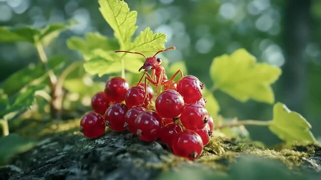 Ant carrying redcurrant berries food on trunk