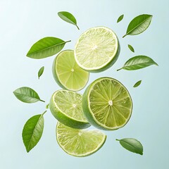 a floating composition of green lime slices and leaves, isolated