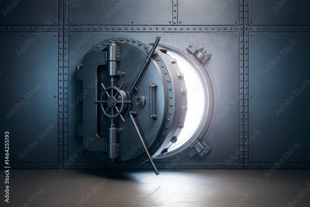 Poster Open vault door with bright light glowing from inside on metallic modern background in secure business environment concept. Ai generative.