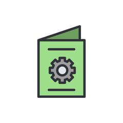 Open technical manual with gear, illustration for engineering information