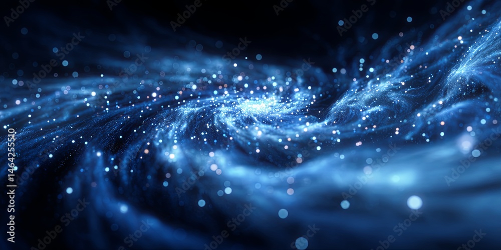 Poster abstract swirling particles in deep blue tones, creating a sense of depth, motion, and vibrancy, sui