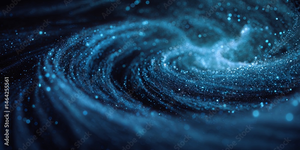 Poster abstract swirling particles in deep blue tones, creating a sense of depth, motion, and vibrancy, sui