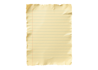 Old yellowed lined paper with torn edges, horizontal blue lines, red margin, isolated on transparent background, paper, vintage, school.