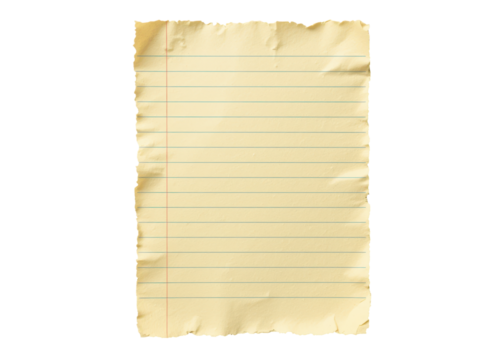 Old yellowed lined paper with torn edges, horizontal blue lines, red margin, isolated on transparent background, paper, vintage, school.