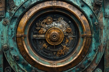 Obraz premium Time portal within an antique clock mechanism, featuring a bronze patina and a mysterious, vintage design.