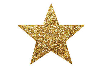 Gold glitter star isolated on transparent background. Symbol of success, celebration, and quality.