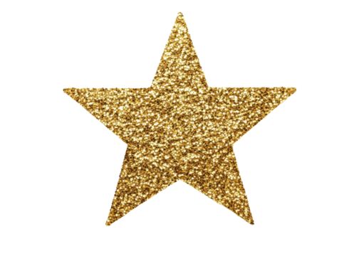 Gold glitter star isolated on transparent background. Symbol of success, celebration, and quality.