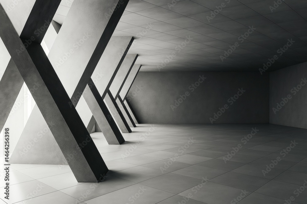 Fototapete Minimalist empty modern concrete corridor with geometric diagonal columns and soft light shadows on tiled floor and ceiling. Ai generative.