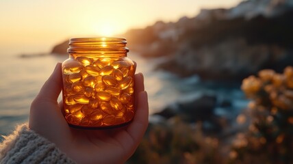 Wellness in Nature: Supplements in Hand at Sunset hand wellness sunset supplement softgels bottle