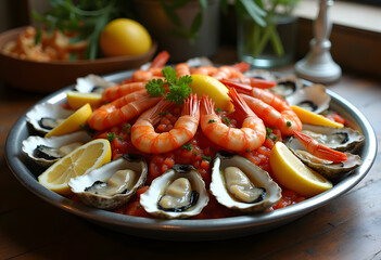 An elegant wooden table setting features a plate of succulent shrimp and freshly shucked oysters, showcasing premium seafood at its finest. This appetizing still life highlights gourmet dining and