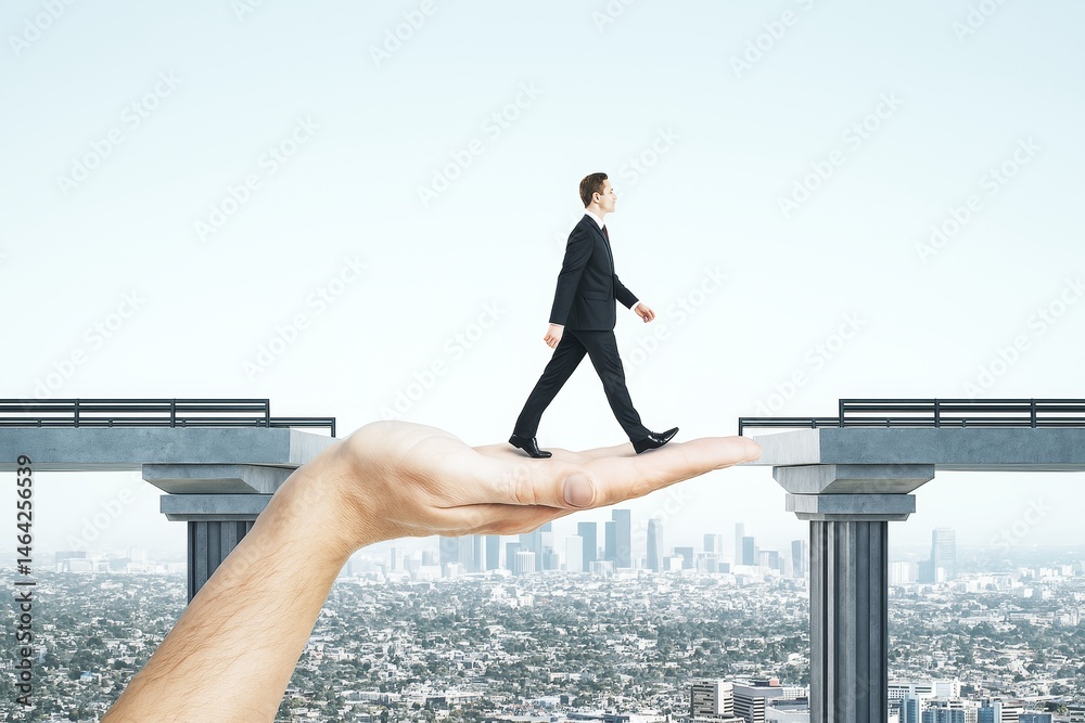 Poster businessman walking over gap between bridges supported by giant hand with cityscape in background, s