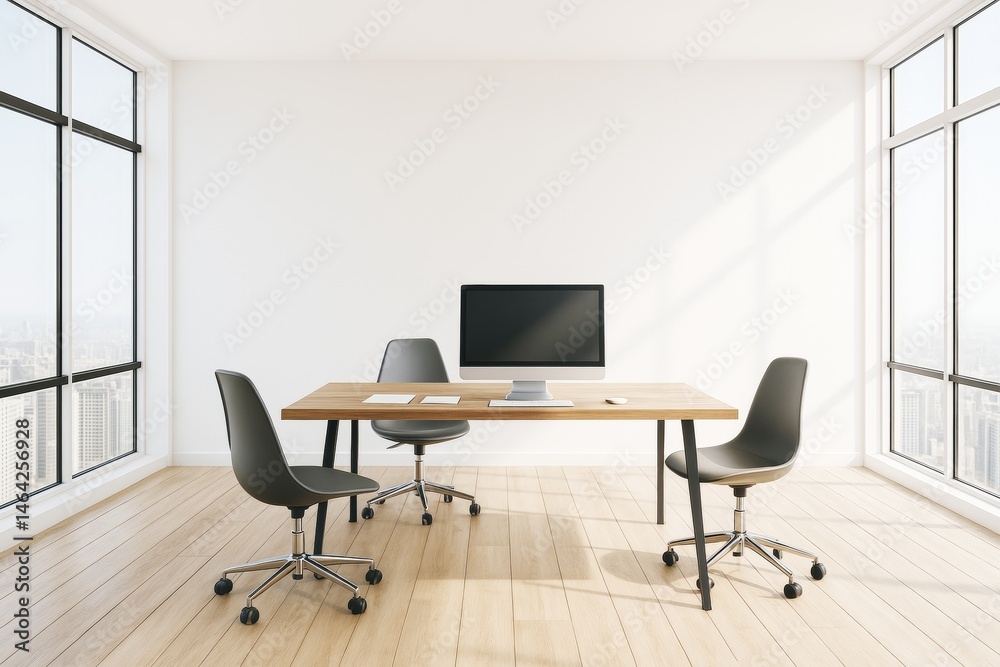 Poster Modern empty office interior with three chairs and computer on wooden desk in bright room with large windows and city view background.