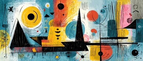 Colorful abstract painting with geometric shapes and lines in midcentury modern style, evoking a sense of retro design and artistic expression