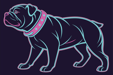 33 Neon bulldog, vibrant glowing lines, 3D render, colorful outline, dark background, retro-futuristic aesthetic, synthwave style, holographic effect, digital art, iridescent colors, cyberpunk dog, el