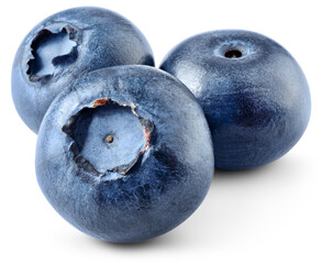 Blueberry isolated png. Blueberry on white or transparent background. Perfect retouched three blueberries no background. Png blueberry with transparent shadow. Full depth of field.