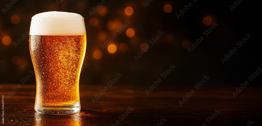 Poster cold glass of beer on wooden table with bokeh lights in background and copyspace for banner, poster 
