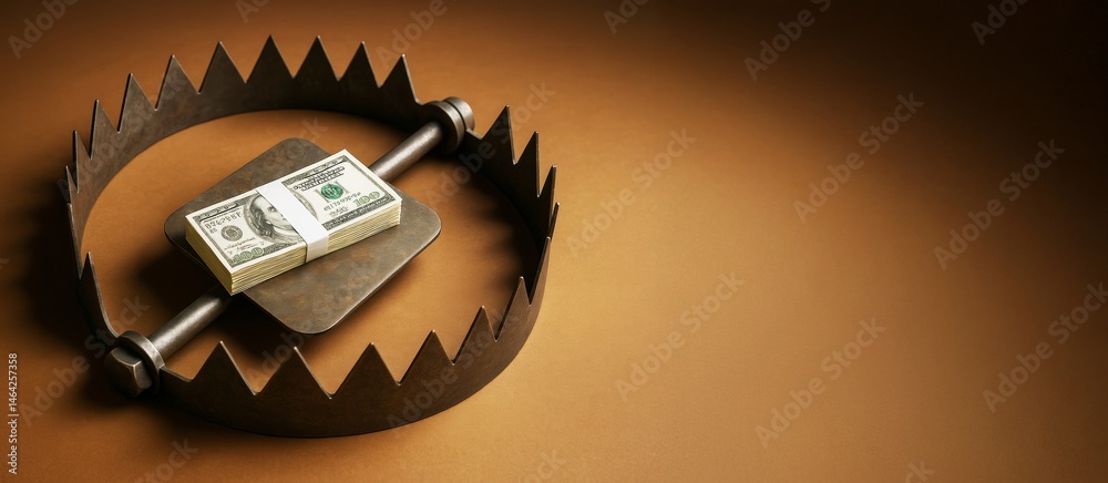 Poster stack of money placed inside a bear trap on a brown background symbolizing financial risk, debt trap