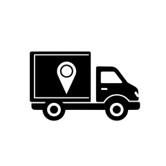 Delivery truck with location pin icon representing shipping, logistics, and location-based transportation services