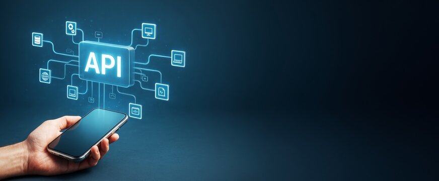 Smartphone in hand displaying a glowing API interface with digital connections on dark background for app development and cloud technology concept.