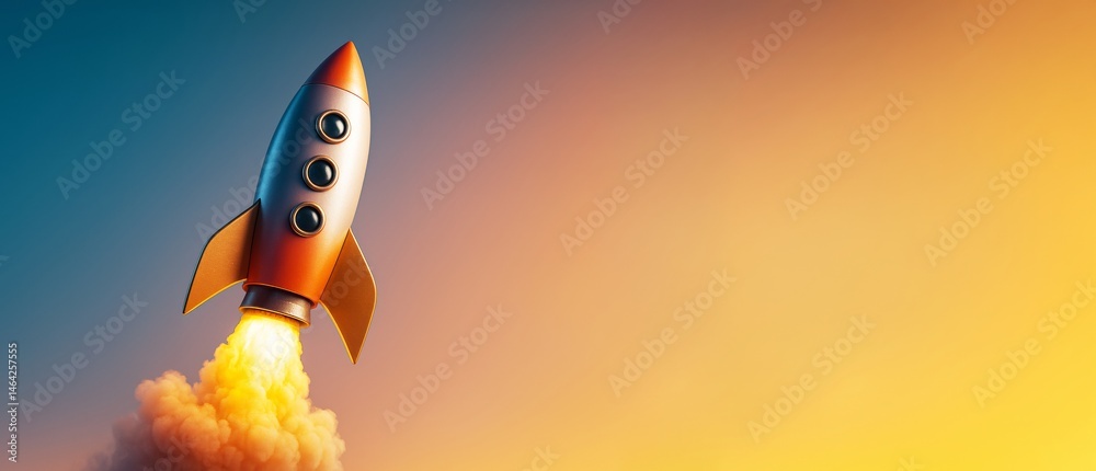 Poster cartoon rocket launching with bright flames on gradient background, symbolizing startup growth and s