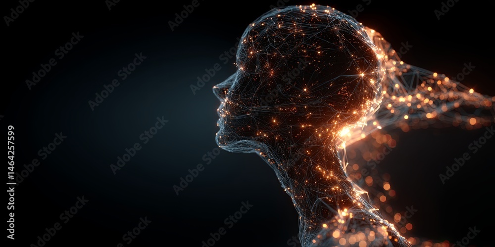 Poster Abstract Representation of Artificial Intelligence Concept with Neon Head Silhouette and Sparkling Connections in Dark Background