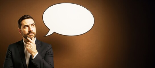 Thoughtful businessman with speech bubble on brown background, ideal for copyspace and message presentation concepts in retro style design.