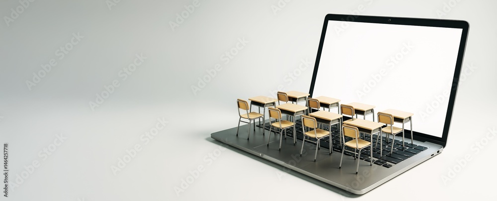 Poster Miniature school desks arranged on a laptop keyboard with blank screen on light background, symbolizing online education and digital learning concept.