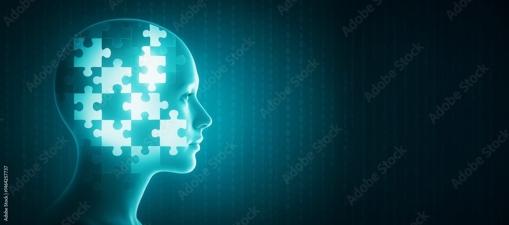Poster Human head silhouette made of puzzle pieces with glowing brain pattern on digital binary background symbolizing mind, psychology, and intelligence concept.