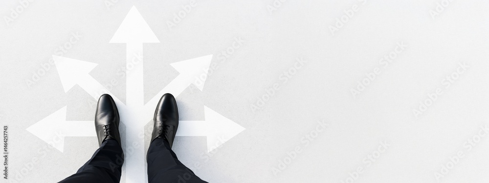 Poster Businessman standing on arrows pointing in various directions with copyspace on light background, symbolizing decision and direction concept.