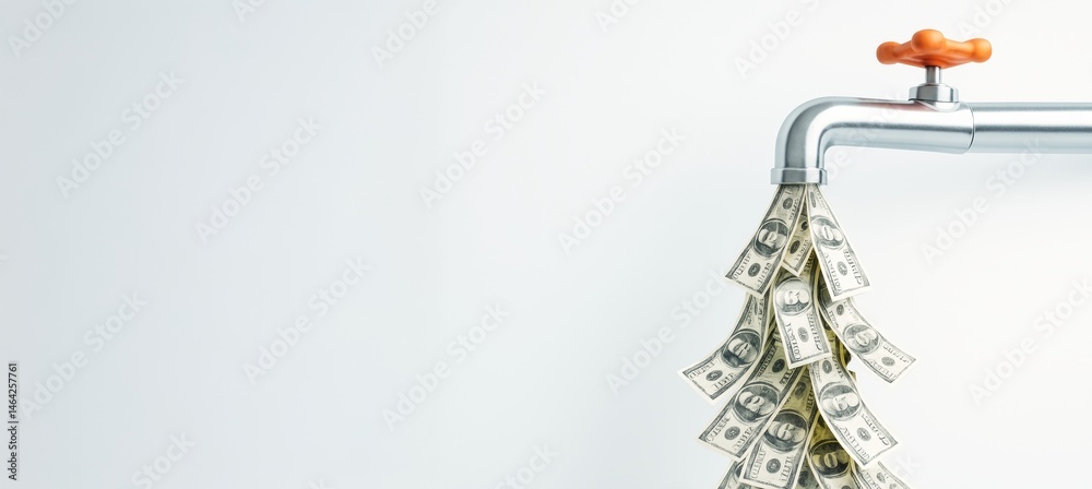 Aufkleber faucet pouring out us dollar bills on white background symbolizing financial flow concept with clean