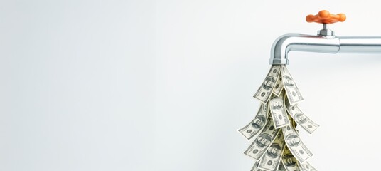 Faucet pouring out US dollar bills on white background symbolizing financial flow concept with clean copyspace for business or fund presentation mockup.
