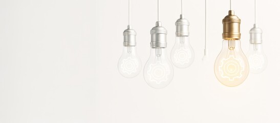 Hanging lightbulbs with gear icons symbolizing technology and innovation on clean light background with copyspace for design or presentation mockup.
