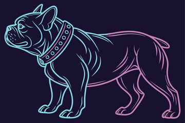 33 Neon bulldog, vibrant glowing lines, 3D render, colorful outline, dark background, retro-futuristic aesthetic, synthwave style, holographic effect, digital art, iridescent colors, cyberpunk dog, el