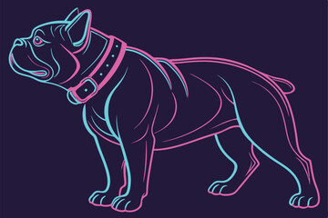33 Neon bulldog, vibrant glowing lines, 3D render, colorful outline, dark background, retro-futuristic aesthetic, synthwave style, holographic effect, digital art, iridescent colors, cyberpunk dog, el