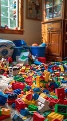 Naklejka premium Colorful Plastic Building Blocks Scattered On Carpet In A Childs Playroom Photo