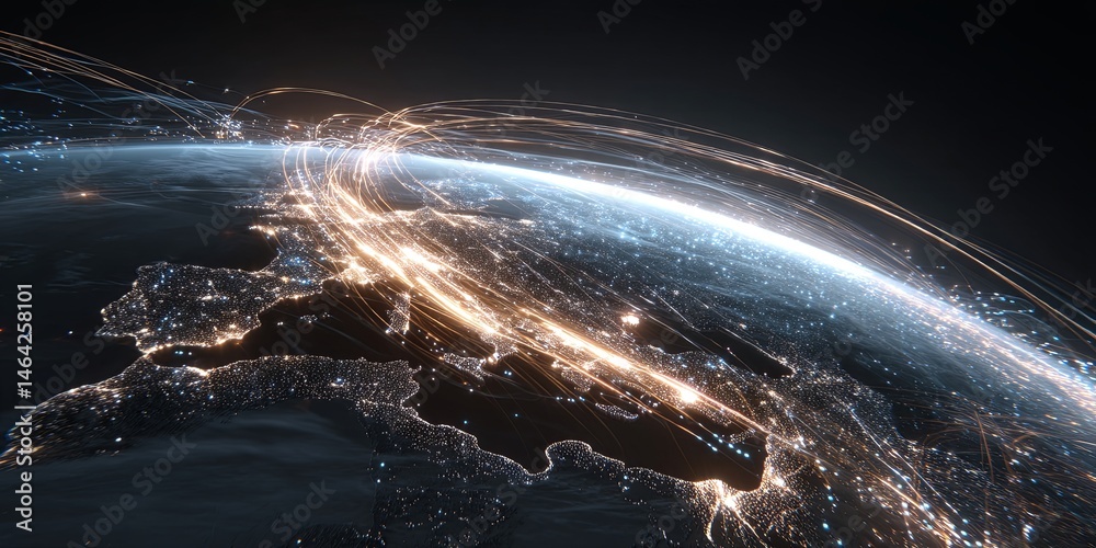 Poster Stunning Abstract Visualization of Earth in Space with Dynamic Light Trails and Glowing Data Streams Highlighting Global Connectivity and Technology