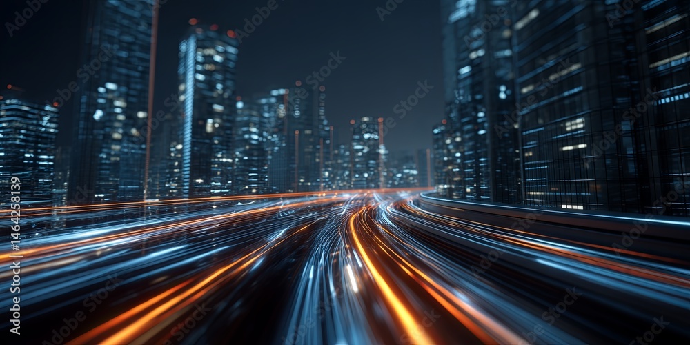 Poster futuristic data stream concept illustrating flowing digital information over tall urban structures i