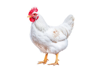 White chicken standing, isolated on transparent background. Poultry, farm, animal.