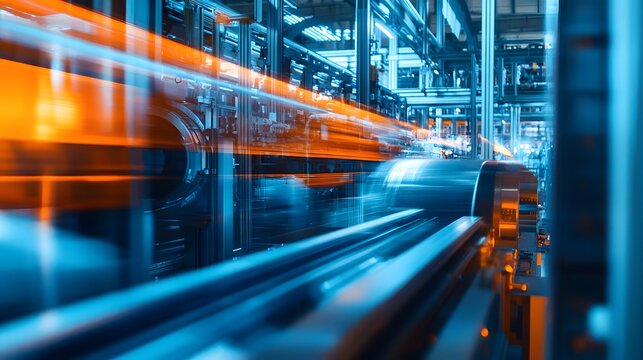 A blurry image of a factory with orange and blue colors. Concept of motion and energy, as if the factory is in the process of manufacturing something