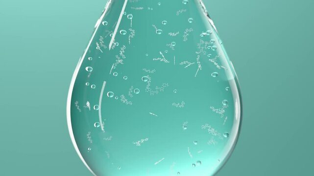 NAD molecular structure in drop and medical syringe with ampoule for injection on cyan background. Concept of anti-aging therapy and life extension. 3d animation.