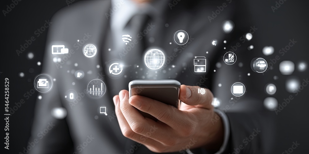 Poster Modern Businessman Using Smartphone for Digital Communication and Data Management with Technology Icons Illustrating Connectivity and Innovation