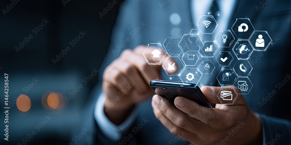 Poster Modern Businessman Using Smartphone for Digital Communication and Data Management with Technology Icons Illustrating Connectivity and Innovation