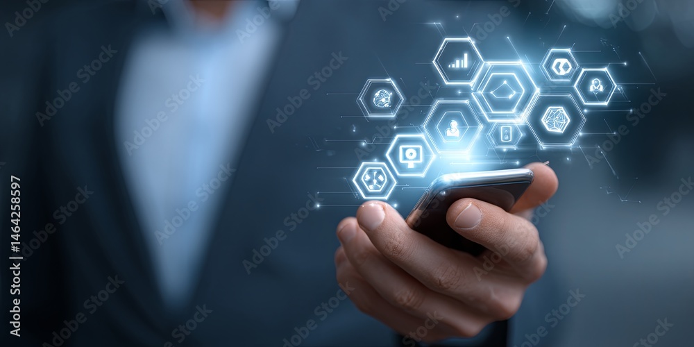 Poster Modern Businessman Using Smartphone for Digital Communication and Data Management with Technology Icons Illustrating Connectivity and Innovation